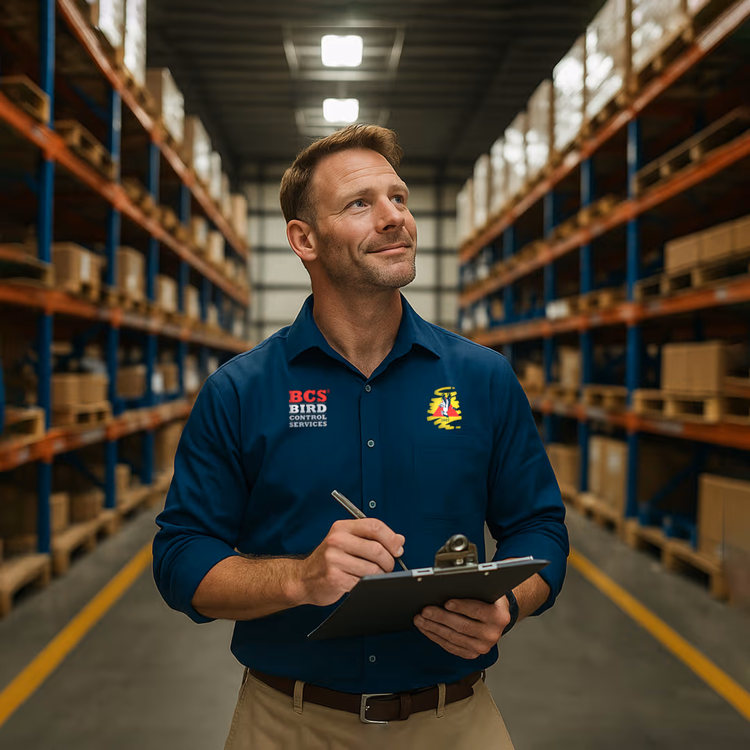 BCS specialist inspecting a warehouse during a bird control site survey